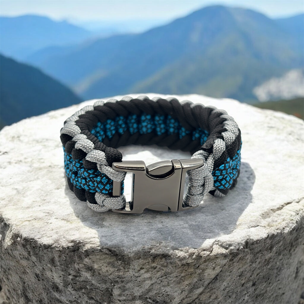 Handmade Sanctified Weave Paracord Bracelet with Metal Clasp – Blue & Gray image 0