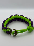 Handmade Half Hitch Knot Paracord Bracelet – Neon Green & Purple with Bronze Anc image 2