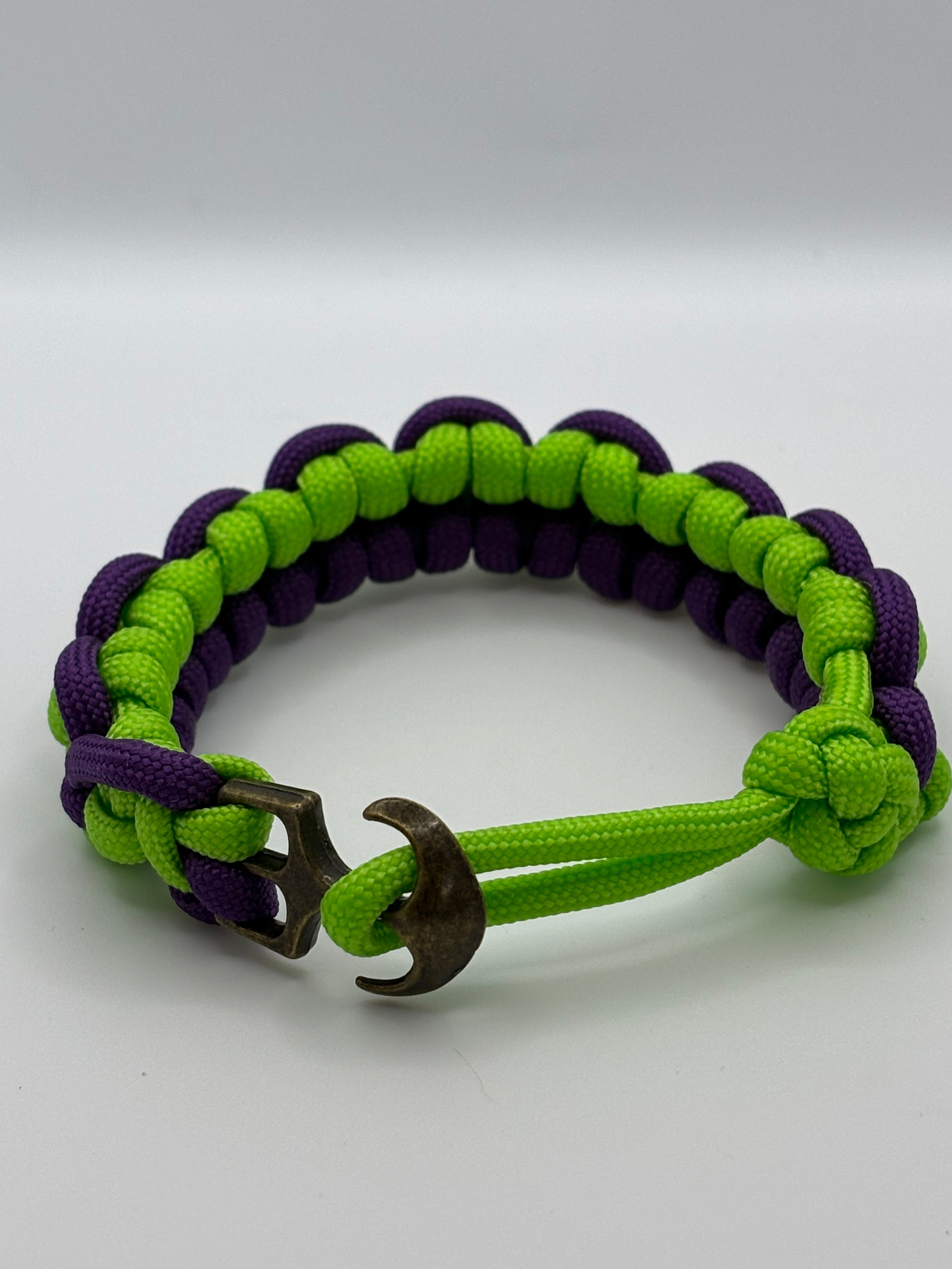 Handmade Half Hitch Knot Paracord Bracelet – Neon Green & Purple with Bronze Anc image 2
