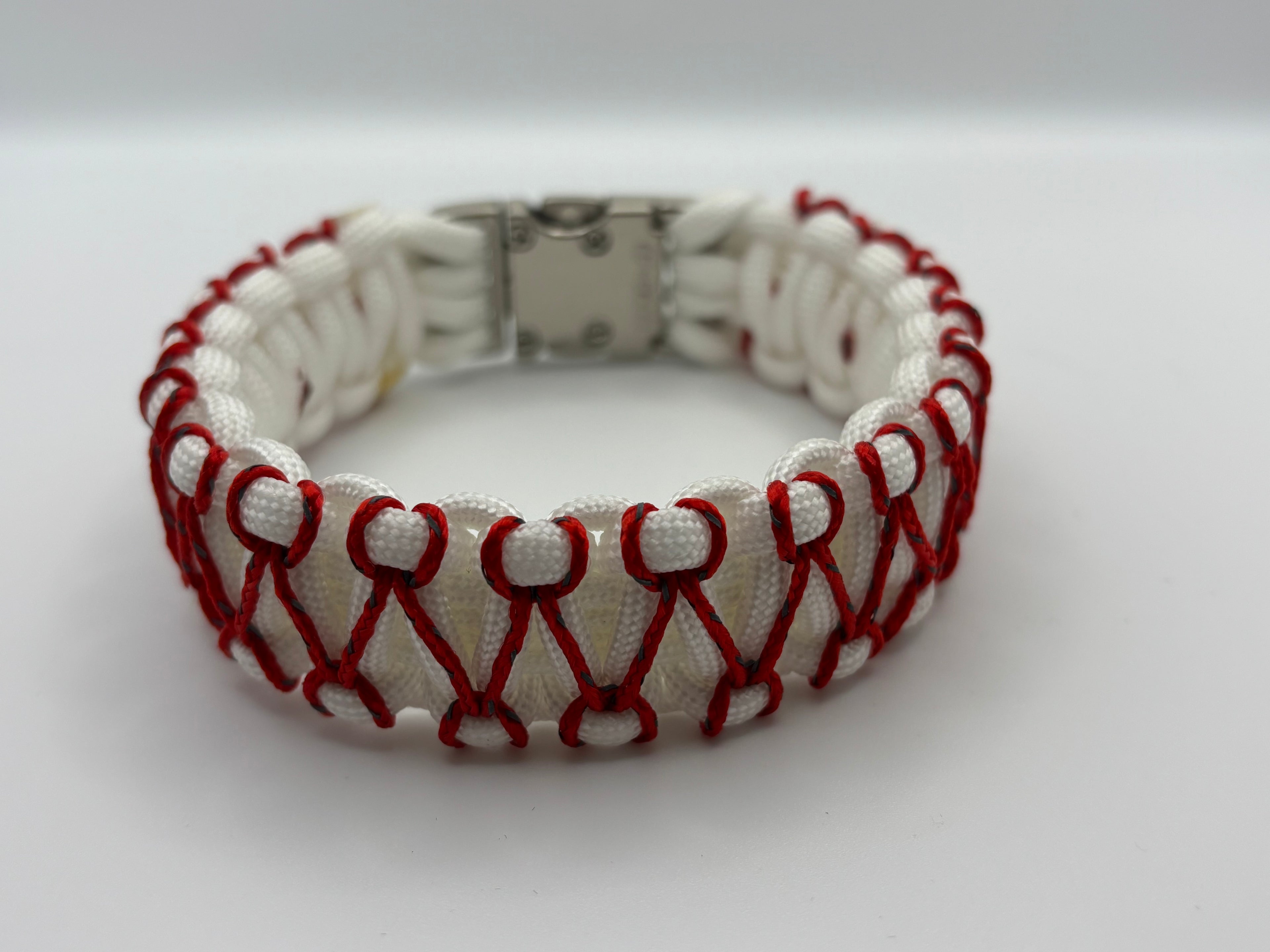 Handmade Stitched Cobra Knot Paracord Bracelet with Metal Clasp – Red & White image 0