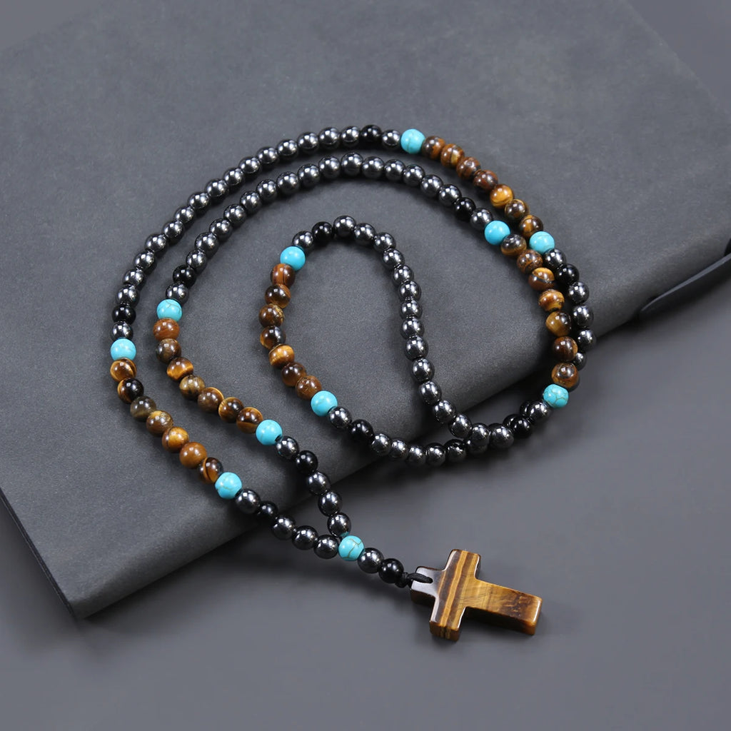 Vintage Hematite Tiger-Eye Beads Cross Pendant Necklace