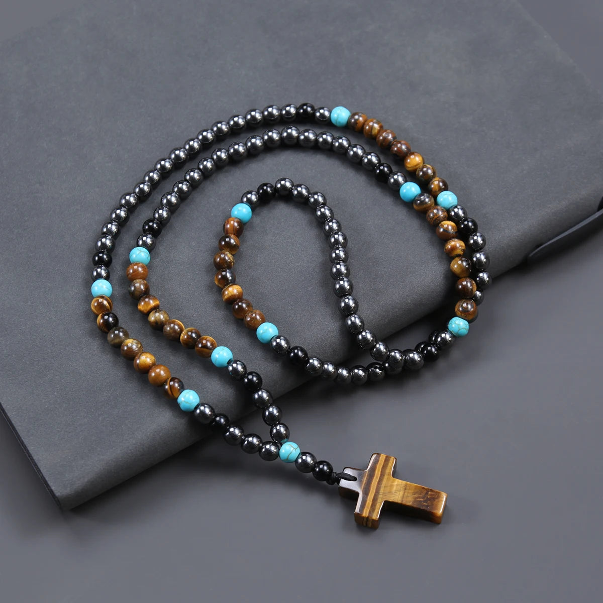 Vintage Hematite Tiger-Eye Beads Cross Pendant Necklace