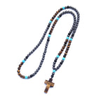 Vintage Hematite Tiger-Eye Beads Cross Pendant Necklace