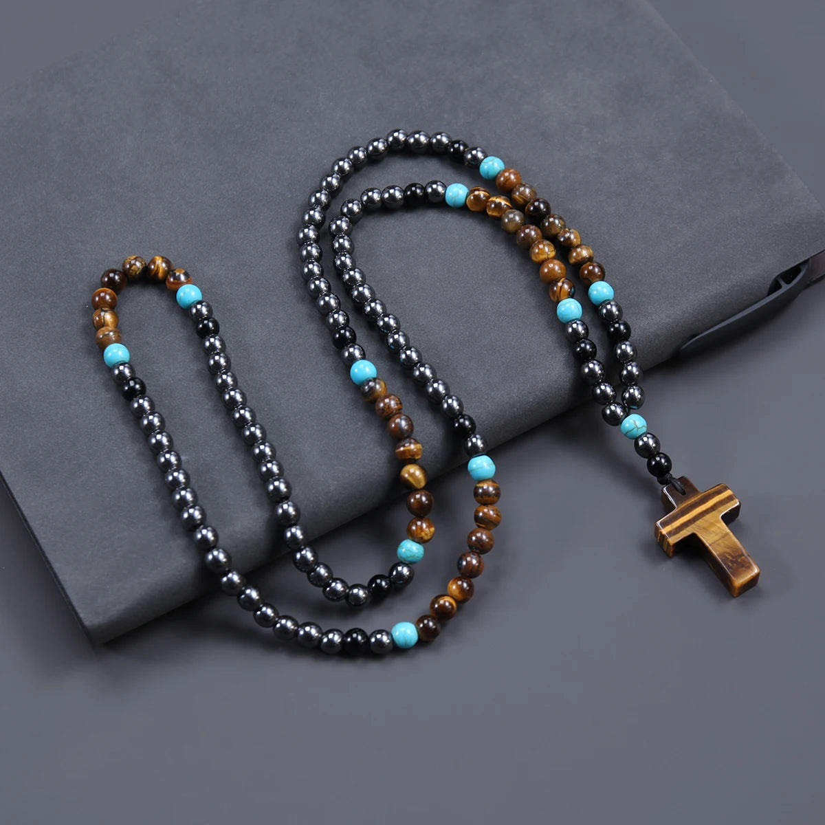 Vintage Hematite Tiger-Eye Beads Cross Pendant Necklace