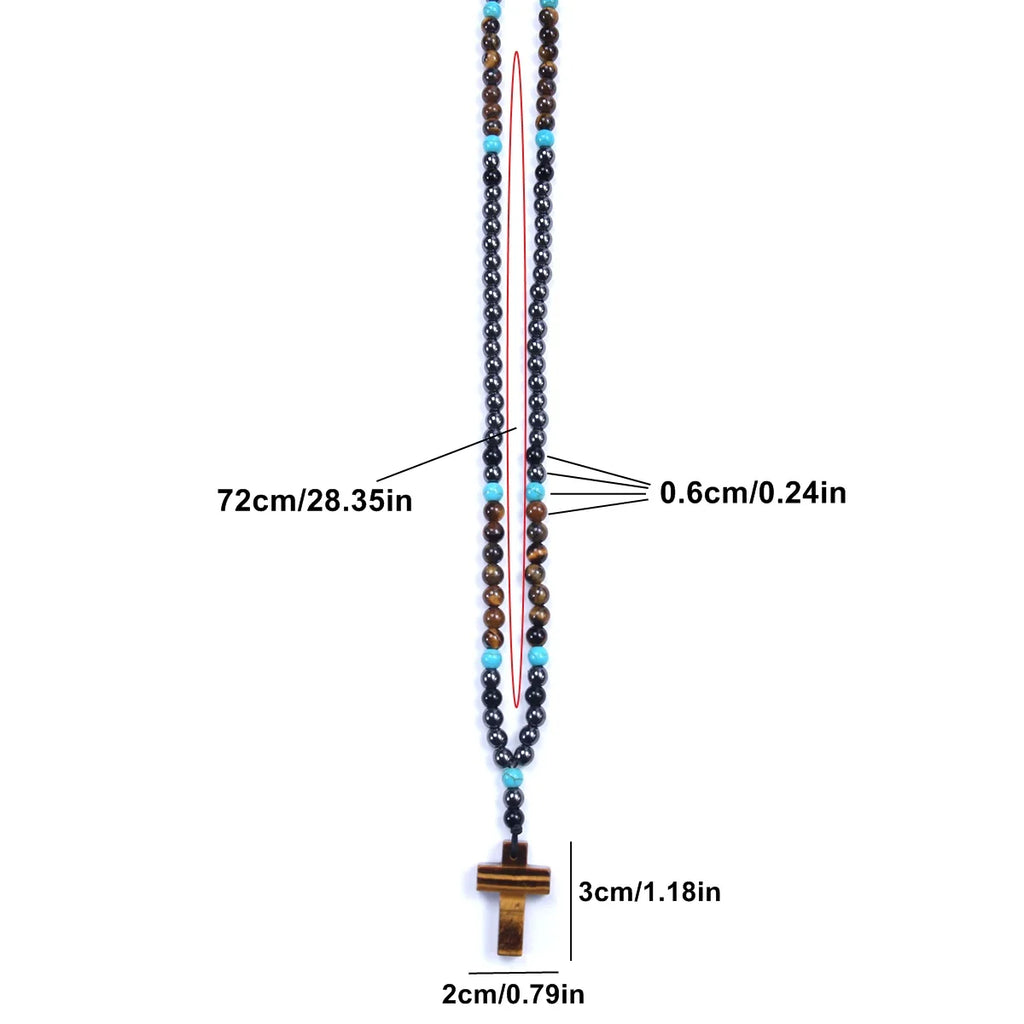 Vintage Hematite Tiger-Eye Beads Cross Pendant Necklace