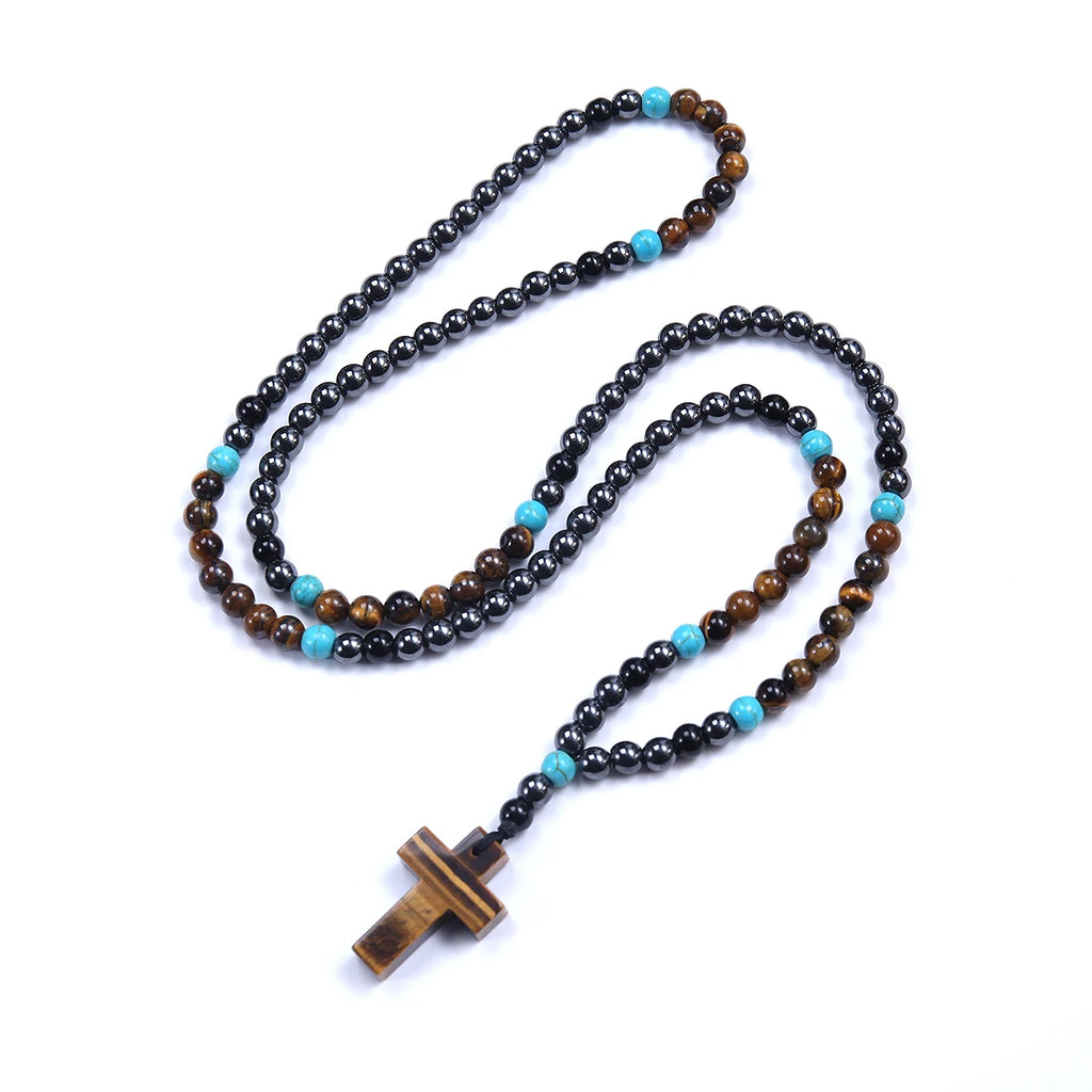 Vintage Hematite Tiger-Eye Beads Cross Pendant Necklace