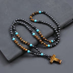 Vintage Hematite Tiger-Eye Beads Cross Pendant Necklace