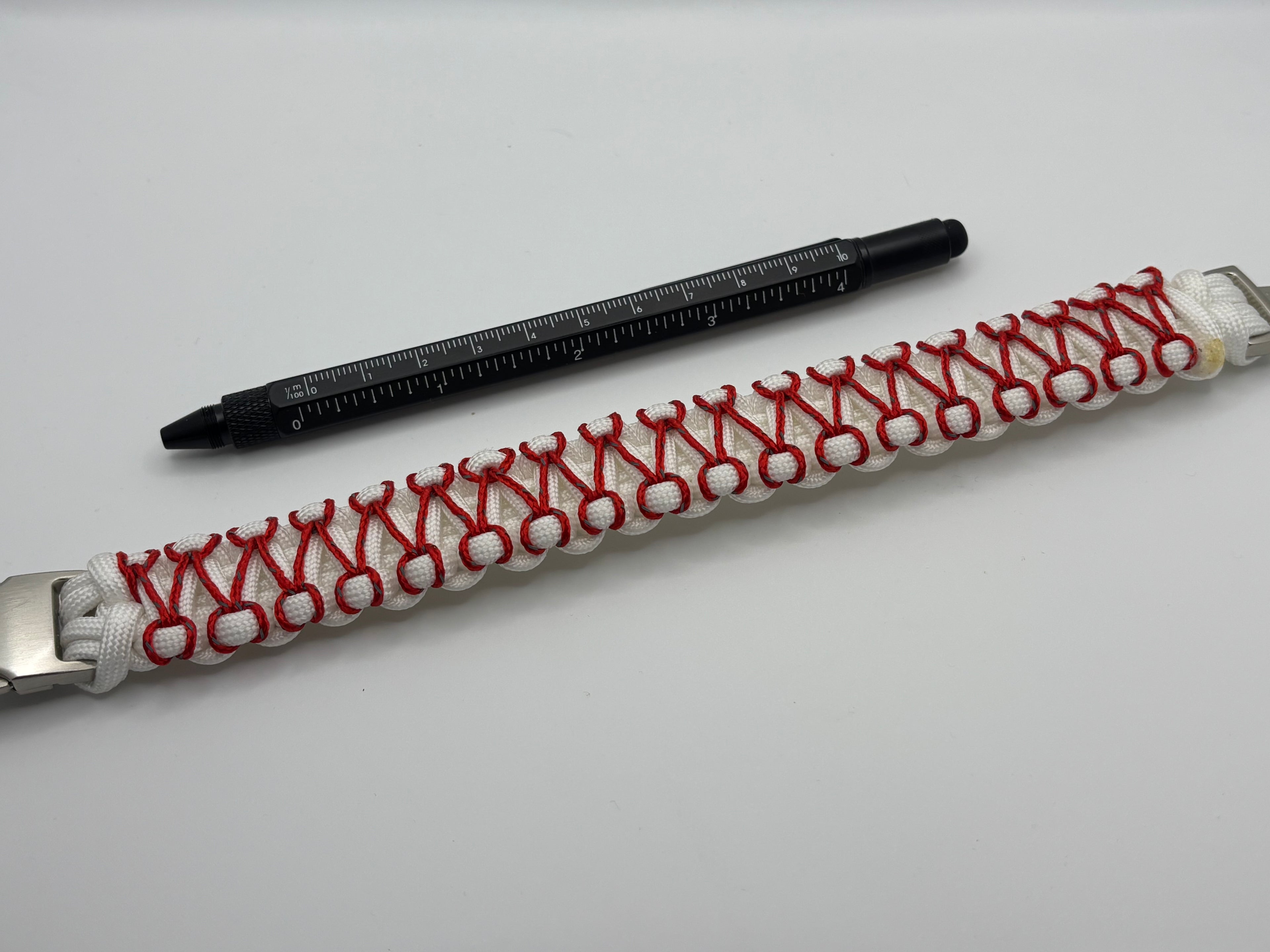 Handmade Stitched Cobra Knot Paracord Bracelet with Metal Clasp – Red & White image 3