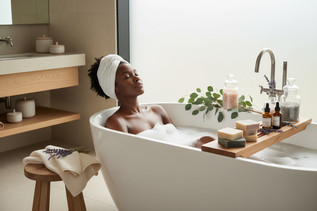 black woman with bath products