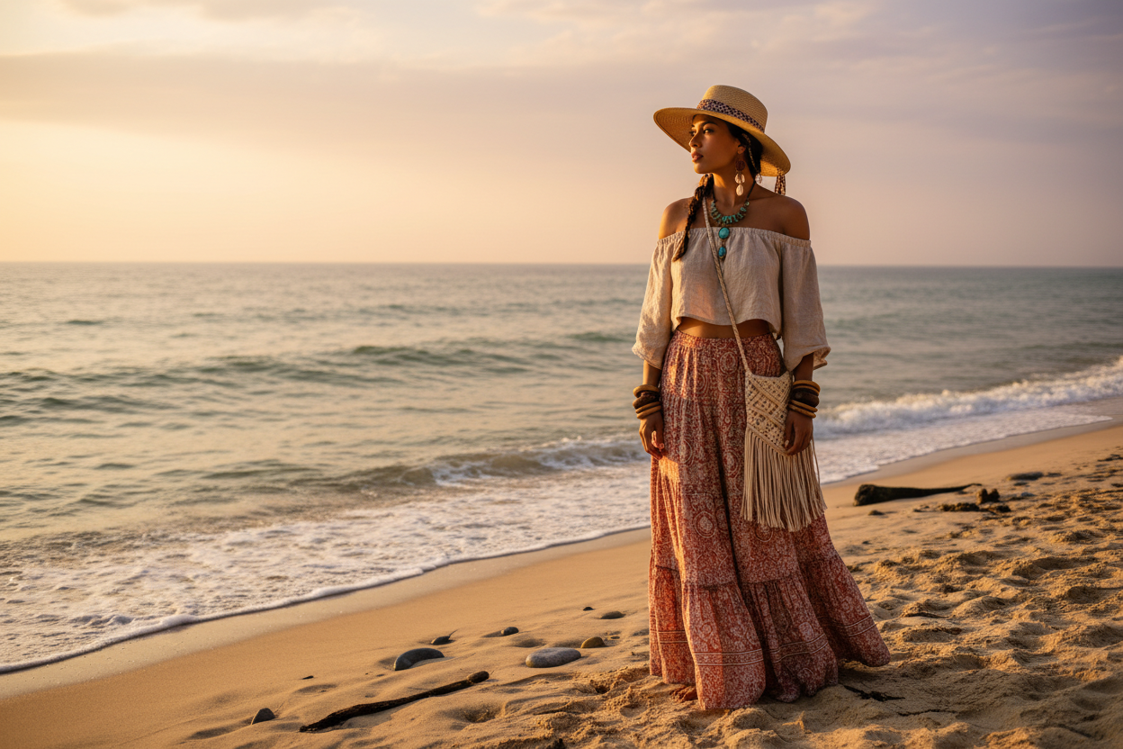 ethnic female wearing a boho outfit on the beach