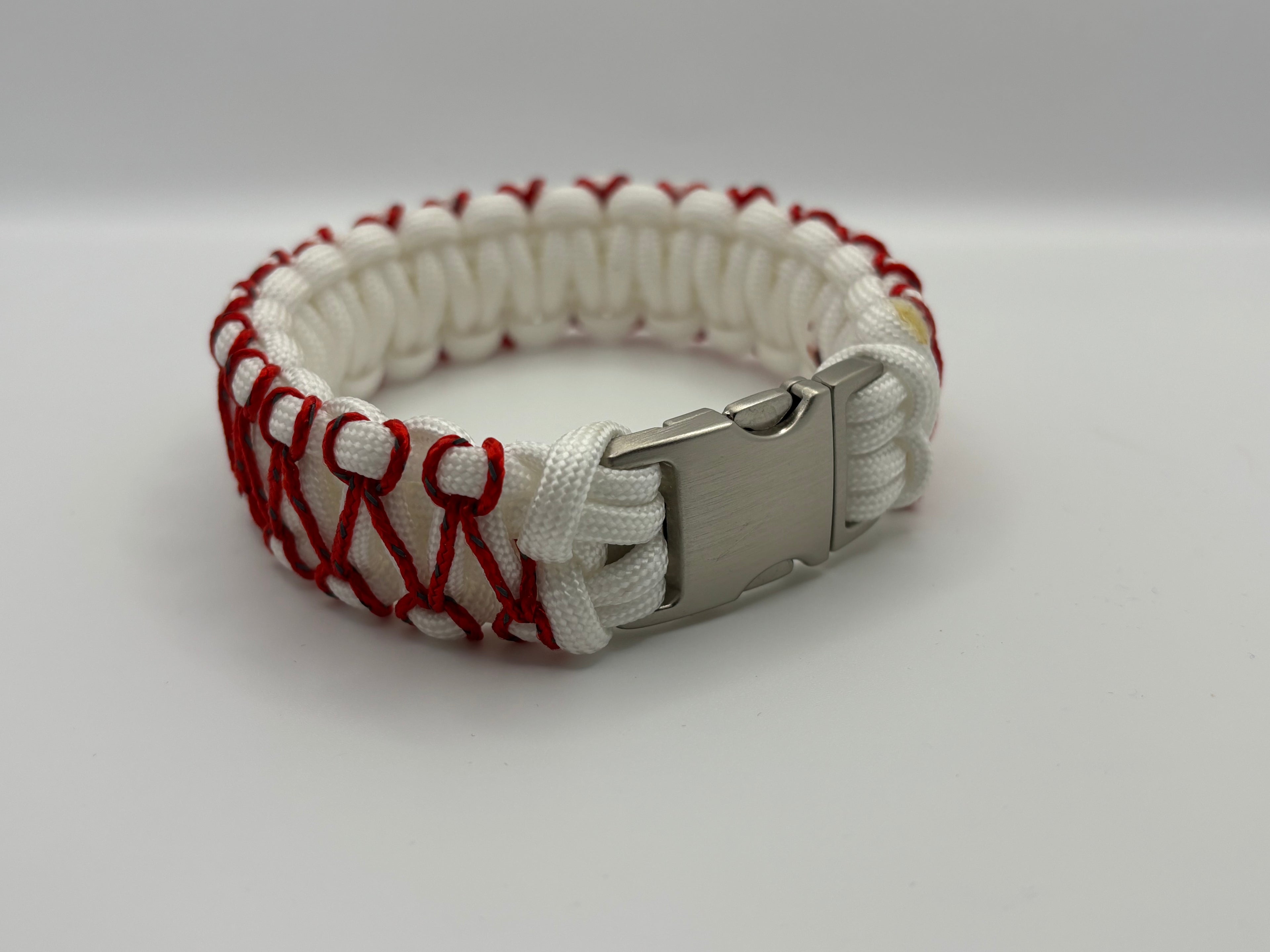 Handmade Stitched Cobra Knot Paracord Bracelet with Metal Clasp – Red & White image 1
