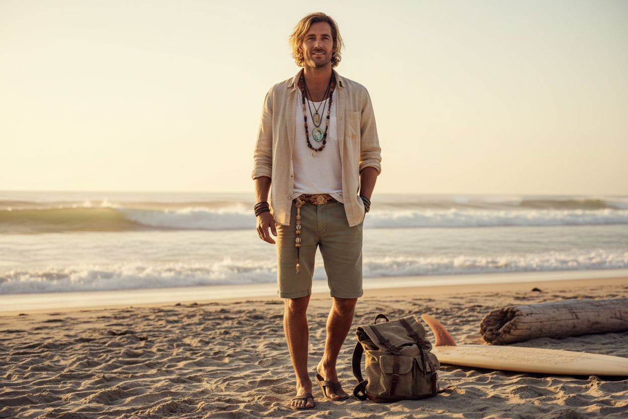 stylish man in boho, surfer type, casual wear